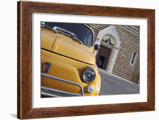 Classic Fiat 500 Car Parked Outside Church, Montepulciano, Tuscany, Italy-Julian Castle-Framed Photographic Print