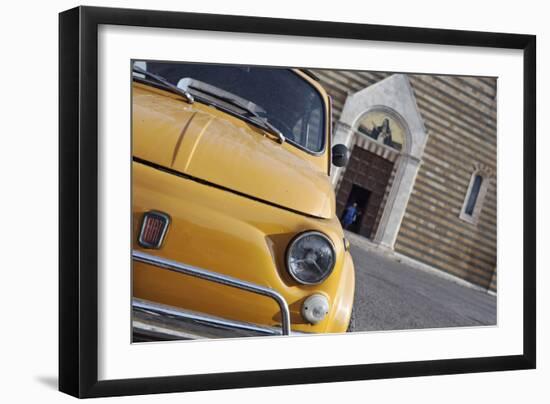 Classic Fiat 500 Car Parked Outside Church, Montepulciano, Tuscany, Italy-Julian Castle-Framed Photographic Print