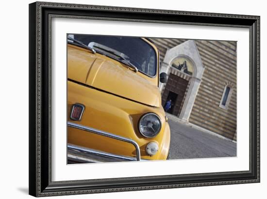 Classic Fiat 500 Car Parked Outside Church, Montepulciano, Tuscany, Italy-Julian Castle-Framed Photographic Print