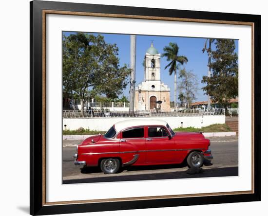 Classic Red American Car Parked By the Old Square in Vinales Village, Pinar Del Rio, Cuba-Lee Frost-Framed Photographic Print