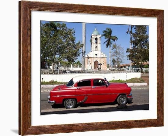 Classic Red American Car Parked By the Old Square in Vinales Village, Pinar Del Rio, Cuba-Lee Frost-Framed Photographic Print