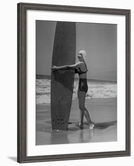 Claudette Colbert in White Swim Cap and Two Piece Bathing Suit on Santa Monica Beach-Peter Stackpole-Framed Premium Photographic Print