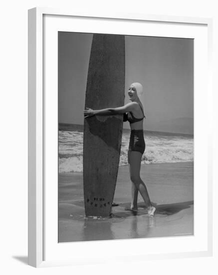 Claudette Colbert in White Swim Cap and Two Piece Bathing Suit on Santa Monica Beach-Peter Stackpole-Framed Premium Photographic Print