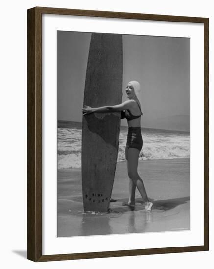 Claudette Colbert in White Swim Cap and Two Piece Bathing Suit on Santa Monica Beach-Peter Stackpole-Framed Premium Photographic Print