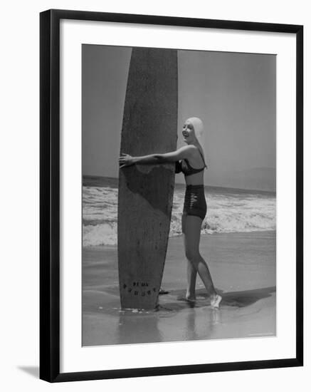 Claudette Colbert in White Swim Cap and Two Piece Bathing Suit on Santa Monica Beach-Peter Stackpole-Framed Premium Photographic Print