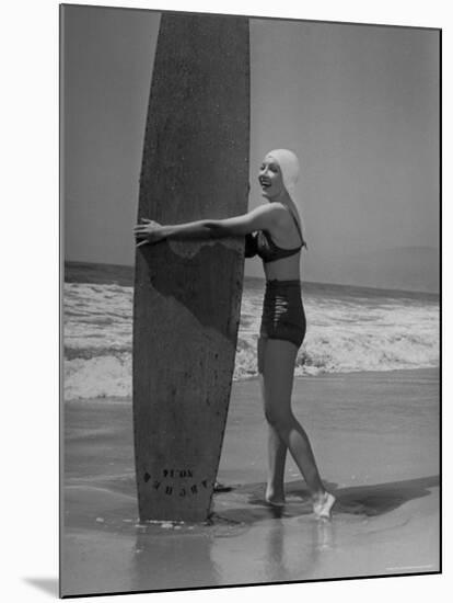 Claudette Colbert in White Swim Cap and Two Piece Bathing Suit on Santa Monica Beach-Peter Stackpole-Mounted Premium Photographic Print