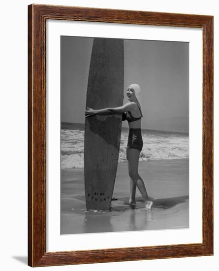 Claudette Colbert in White Swim Cap and Two Piece Bathing Suit on Santa Monica Beach-Peter Stackpole-Framed Premium Photographic Print