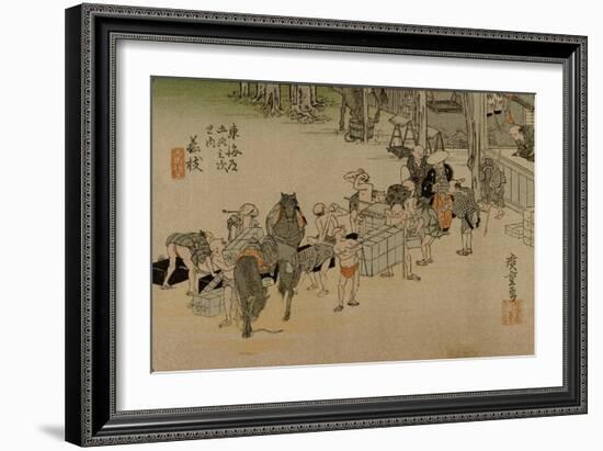 Clerks Changing Horses at Rest in Fujieda-Utagawa Hiroshige-Framed Art Print