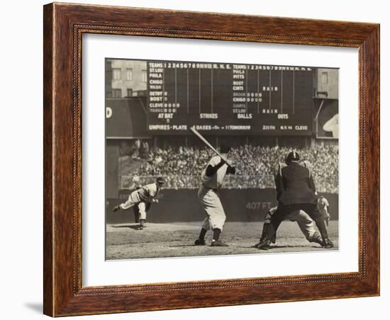 Cleveland Indians', Bob Feller, Pitching to New York Yankees' Joe Dimaggio-null-Framed Photo