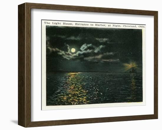 Cleveland, Ohio - Lighthouse, Harbor Entrance from Ocean at Night-Lantern Press-Framed Art Print