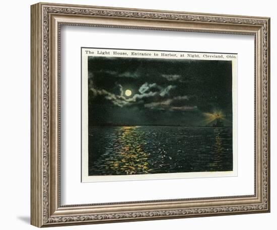 Cleveland, Ohio - Lighthouse, Harbor Entrance from Ocean at Night-Lantern Press-Framed Art Print