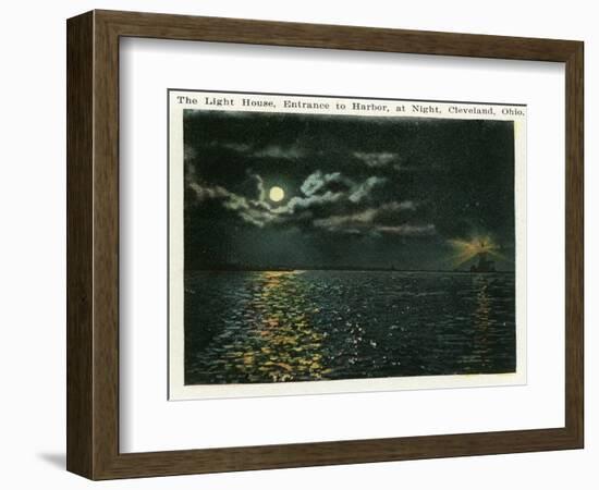 Cleveland, Ohio - Lighthouse, Harbor Entrance from Ocean at Night-Lantern Press-Framed Art Print