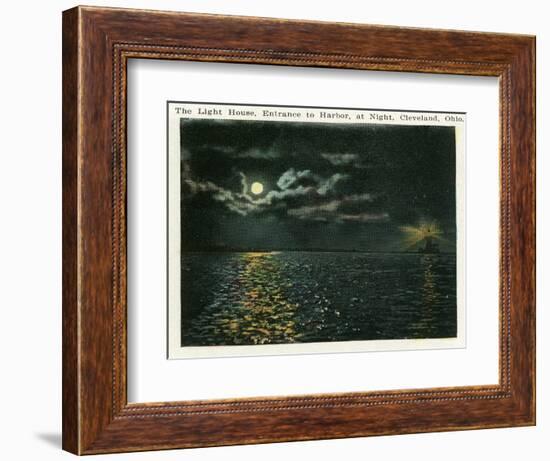 Cleveland, Ohio - Lighthouse, Harbor Entrance from Ocean at Night-Lantern Press-Framed Art Print