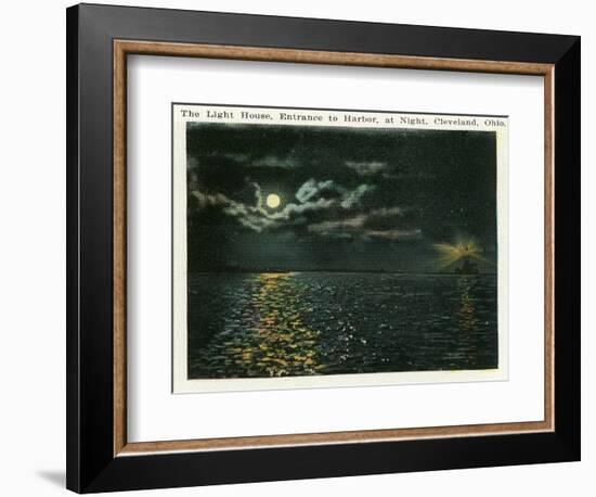 Cleveland, Ohio - Lighthouse, Harbor Entrance from Ocean at Night-Lantern Press-Framed Art Print