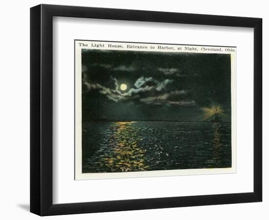 Cleveland, Ohio - Lighthouse, Harbor Entrance from Ocean at Night-Lantern Press-Framed Art Print