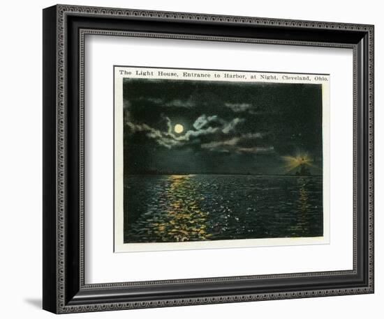 Cleveland, Ohio - Lighthouse, Harbor Entrance from Ocean at Night-Lantern Press-Framed Art Print