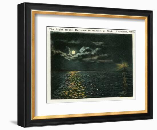 Cleveland, Ohio - Lighthouse, Harbor Entrance from Ocean at Night-Lantern Press-Framed Art Print