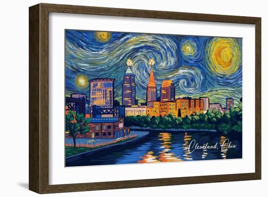 Cleveland, Ohio - Starry Night - City Skyline - Lantern Press Artwork-Lantern Press-Framed Premium Giclee Print