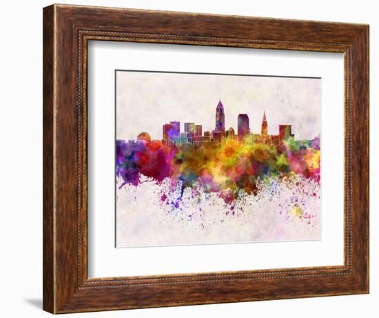 Cleveland Skyline in Watercolor Background-paulrommer-Framed Art Print