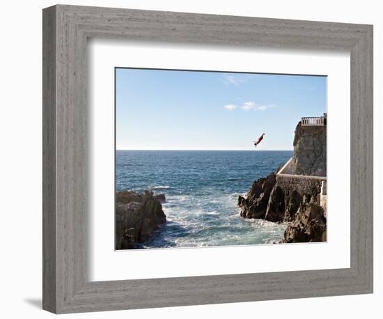 Cliff Diver Diving From El Mirador at Paseo Claussen, Mazatlan, Mexico-Charles Sleicher-Framed Photographic Print