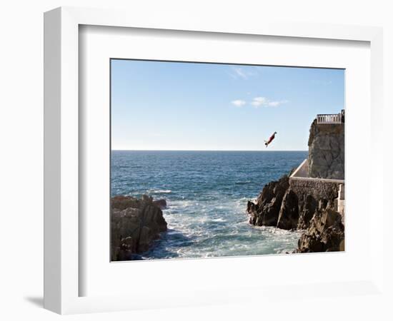 Cliff Diver Diving From El Mirador at Paseo Claussen, Mazatlan, Mexico-Charles Sleicher-Framed Photographic Print