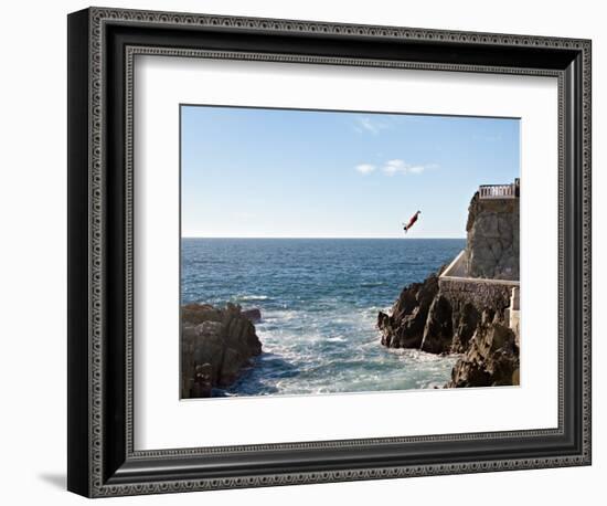 Cliff Diver Diving From El Mirador at Paseo Claussen, Mazatlan, Mexico-Charles Sleicher-Framed Photographic Print