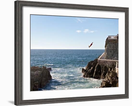 Cliff Diver Diving From El Mirador at Paseo Claussen, Mazatlan, Mexico-Charles Sleicher-Framed Photographic Print