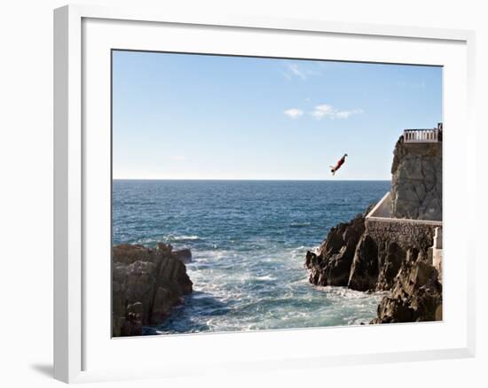 Cliff Diver Diving From El Mirador at Paseo Claussen, Mazatlan, Mexico-Charles Sleicher-Framed Photographic Print