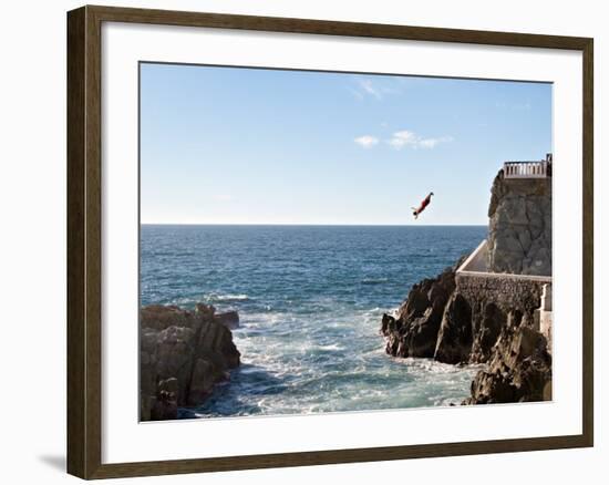 Cliff Diver Diving From El Mirador at Paseo Claussen, Mazatlan, Mexico-Charles Sleicher-Framed Photographic Print