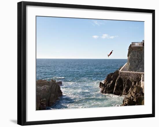 Cliff Diver Diving From El Mirador at Paseo Claussen, Mazatlan, Mexico-Charles Sleicher-Framed Photographic Print