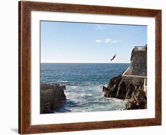 Cliff Diver Diving From El Mirador at Paseo Claussen, Mazatlan, Mexico-Charles Sleicher-Framed Photographic Print