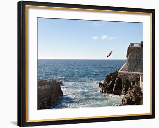 Cliff Diver Diving From El Mirador at Paseo Claussen, Mazatlan, Mexico-Charles Sleicher-Framed Photographic Print