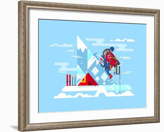 Climber Conquers the Summit. Mountain and Adventure, Climbing and Challenge, Brave and Courage, Ext-Kit8 net-Framed Art Print