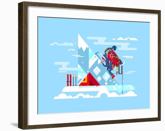 Climber Conquers the Summit. Mountain and Adventure, Climbing and Challenge, Brave and Courage, Ext-Kit8 net-Framed Art Print