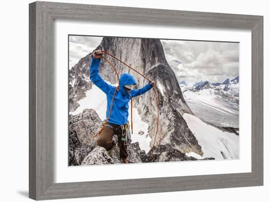 Climber, Kaare Iverson Coils Rope, Summit Mctech Arete 5.10, Bugaboos Provincial Park, BC, Canada-Dan Holz-Framed Photographic Print