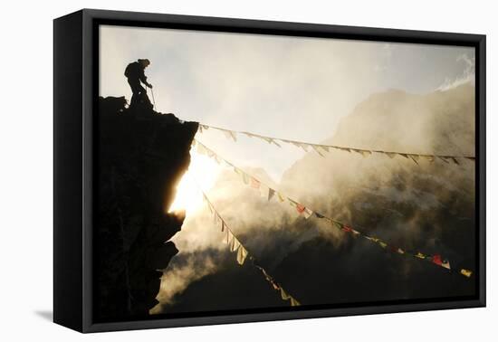 Climber on Kala Pattar Peak (5545M) with Buddhist Prayer Flags at Sunset, Nepal, Himalaya-Enrique Lopez-Tapia-Framed Premier Image Canvas