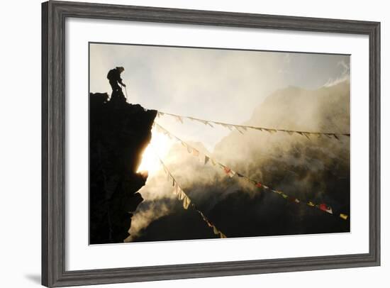 Climber on Kala Pattar Peak (5545M) with Buddhist Prayer Flags at Sunset, Nepal, Himalaya-Enrique Lopez-Tapia-Framed Photographic Print