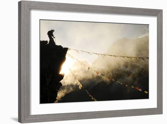 Climber on Kala Pattar Peak (5545M) with Buddhist Prayer Flags at Sunset, Nepal, Himalaya-Enrique Lopez-Tapia-Framed Photographic Print