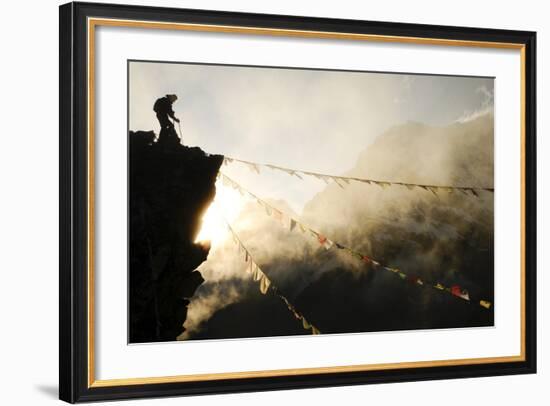 Climber on Kala Pattar Peak (5545M) with Buddhist Prayer Flags at Sunset, Nepal, Himalaya-Enrique Lopez-Tapia-Framed Photographic Print