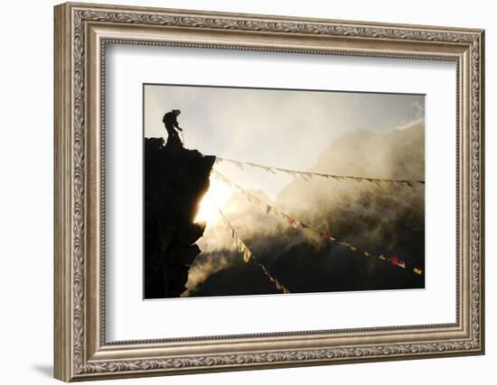 Climber on Kala Pattar Peak (5545M) with Buddhist Prayer Flags at Sunset, Nepal, Himalaya-Enrique Lopez-Tapia-Framed Photographic Print