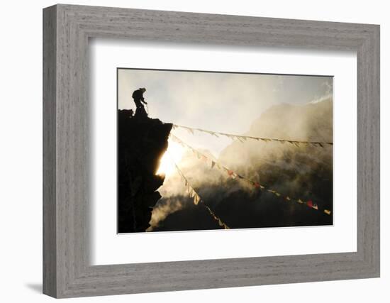 Climber on Kala Pattar Peak (5545M) with Buddhist Prayer Flags at Sunset, Nepal, Himalaya-Enrique Lopez-Tapia-Framed Photographic Print