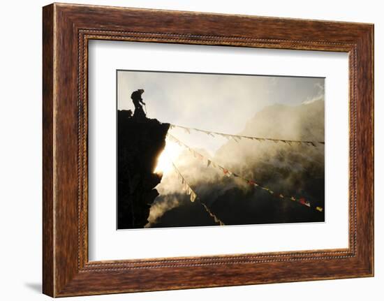 Climber on Kala Pattar Peak (5545M) with Buddhist Prayer Flags at Sunset, Nepal, Himalaya-Enrique Lopez-Tapia-Framed Photographic Print