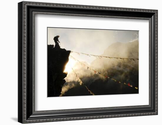 Climber on Kala Pattar Peak (5545M) with Buddhist Prayer Flags at Sunset, Nepal, Himalaya-Enrique Lopez-Tapia-Framed Photographic Print