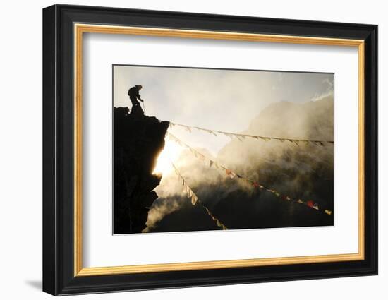 Climber on Kala Pattar Peak (5545M) with Buddhist Prayer Flags at Sunset, Nepal, Himalaya-Enrique Lopez-Tapia-Framed Photographic Print