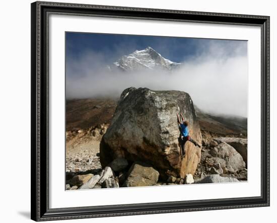 Climber Tackles a Difficult Boulder Problem on the Glacial Moraine at Tangnag-David Pickford-Framed Photographic Print