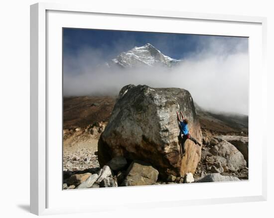 Climber Tackles a Difficult Boulder Problem on the Glacial Moraine at Tangnag-David Pickford-Framed Photographic Print