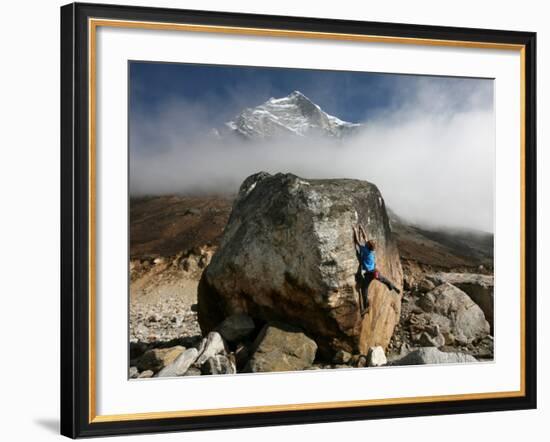 Climber Tackles a Difficult Boulder Problem on the Glacial Moraine at Tangnag-David Pickford-Framed Photographic Print