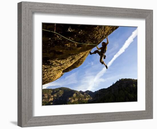 Climber Tackles Difficult Route on Overhang at the Cliffs of Margalef, Catalunya-David Pickford-Framed Photographic Print