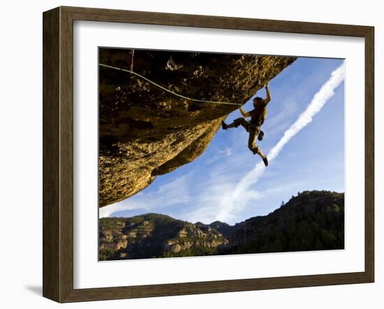 Climber Tackles Difficult Route on Overhang at the Cliffs of Margalef, Catalunya-David Pickford-Framed Photographic Print