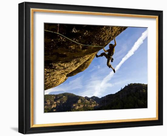 Climber Tackles Difficult Route on Overhang at the Cliffs of Margalef, Catalunya-David Pickford-Framed Photographic Print